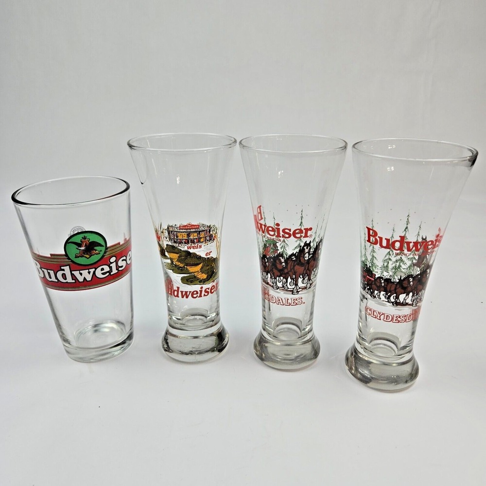 1989, 1996 Vintage Budweiser Holiday Clydesdales‎ & Frog Pilsner Beer Glasses